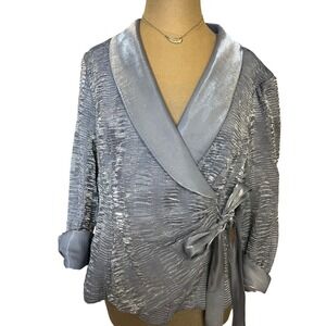 Onyx Nite Silver Metallic Textured Shawl Collar Wrap Jacket XL US glam dressy
